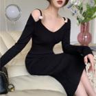 Long-sleeve Cold Shoulder Bodycon Dress Black - One Size