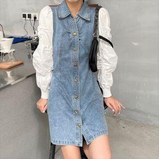 Long-sleeve Denim Panel Mini Sheath Shirtdress