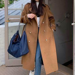 Double-breasted Tie-waist Woolen Long Trench Coat