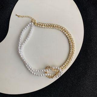 Faux Pearl Rhinestone Choker 1pc - Gold & White - One Size