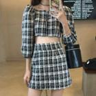 Long-sleeve Zip-up Plaid Crop Top / A-line Mini Skirt