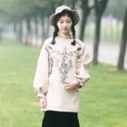 Mock-neck Frill-trim Embroidery Sweater