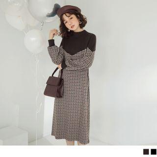 Mock Neck Houndstooth Panel Knit Dress