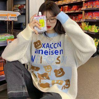 Lettering Cartoon Bear Print Sweater