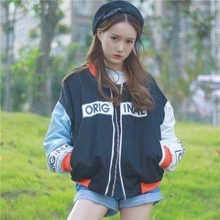 Color-block Lettering Baseball Jacket