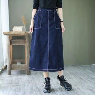 Contrast Stitching Denim Midi Pencil Skirt