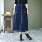 Contrast Stitching Denim Midi Pencil Skirt