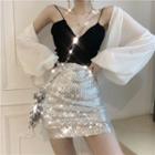 Lantern-sleeve Cardigan / Knit Camisole / Mini Sequined Sheath Skirt