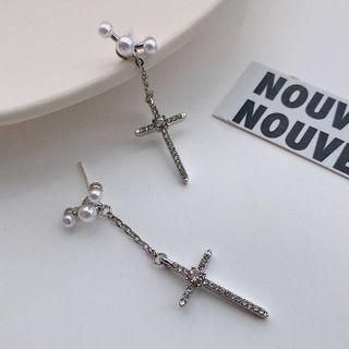 Cross Faux Pearl Alloy Dangle Earring 1 Pair - Earring - S925 Silver Needle - Silver - One Size