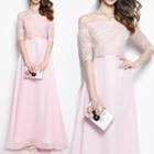 Elbow Sleeve Off Shoulder Lace Panel Evening Gown