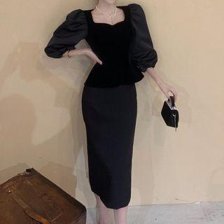 Puff-sleeve Peplum Top / Midi Pencil Skirt