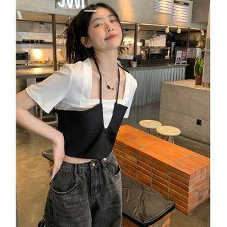 Mock Two-piece Cropped T-shirt Black & White - One Size