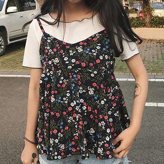 Set: Contrast Trim Short-sleeve T-shirt + Floral Print Camisole Top