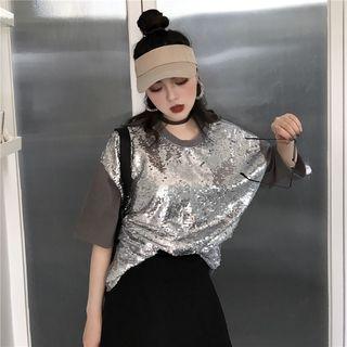 Sequined Panel Short-sleeve T-shirt