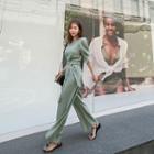 Puff-sleeve Wide-leg Jumpsuit With Sash