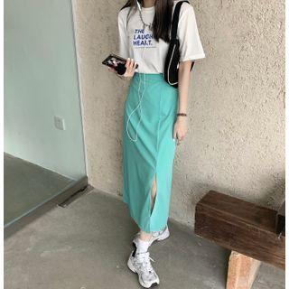 Elbow-sleeve Lettering T-shirt / Slit Midi Fitted Skirt