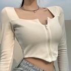 Long-sleeve Zip-up Crop T-shirt