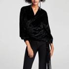 Long-sleeve Wrapped Neck Fringed Top
