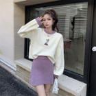 Set: Contrast Trim Applique Sweater + Mini Pencil Skirt Set - One Size
