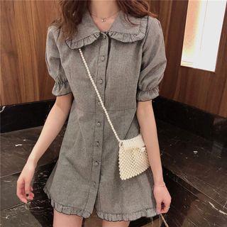 Frilled Trim Short Sleeve Buttoned A-line Dress As Shown In Figure - One Size