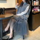 Set: Long-sleeve Lace Top + Knit Vest + Midi A-line Skirt