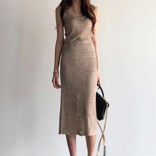Set: Spaghetti Strap Knit Top + A-line Midi Skirt