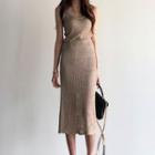 Set: Spaghetti Strap Knit Top + A-line Midi Skirt