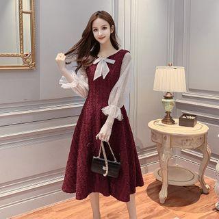 Mesh Sleeve Midi A-line Tweed Dress