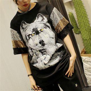 Wolf Print Short-sleeve Sequined T-shirt