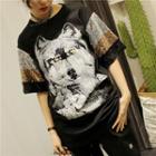 Wolf Print Short-sleeve Sequined T-shirt