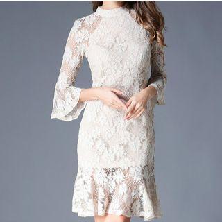 Ruffle Hem Bell-sleeve Lace Dress