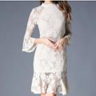 Ruffle Hem Bell-sleeve Lace Dress