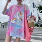 Unicorn Print Tie-dyed Elbow-sleeve T-shirt