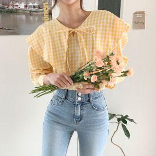 Tie-neck Capelet Gingham Blouse