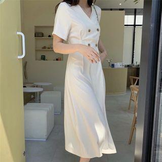 Short-sleeve Double Breasted A-line Dress Off-white - One Size