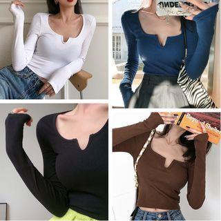 Long-sleeve Square-neck Plain Slim-fit Top