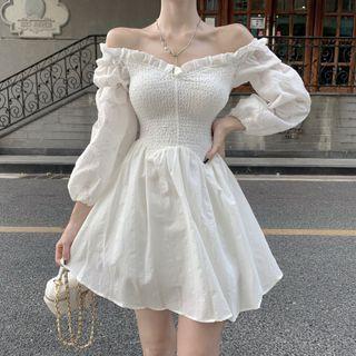 Off-shoulder Lantern Sleeve Ruffle Trim Ruched A-line Dress