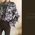 Tie-neck Flounced Floral Chiffon Blouse Brown - One Size