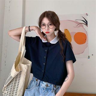 Short-sleeve Two Tone Button-up Crop Top