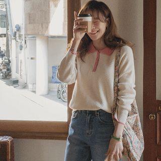 Raglan Contrast-trim Knit Polo Top