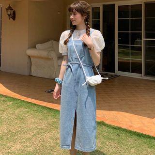 Short-sleeve Daisy Print Top / Demin Slited Pinafore Dress