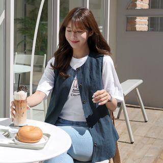 Sleeveless Round-neck Jacket Navy Blue - One Size