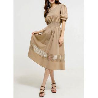 Lace-trim Smocked-waist Long Dress