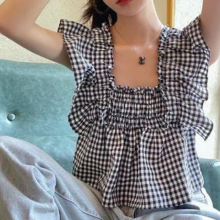 Sleeveless Ruffled Trim Plaid Top Black - One Size