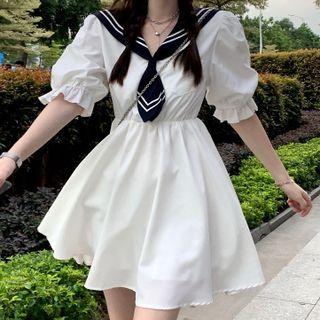 Puff-sleeve Sailor Collar A-line Dress Dress - White - One Size