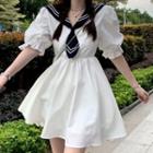 Puff-sleeve Sailor Collar A-line Dress Dress - White - One Size