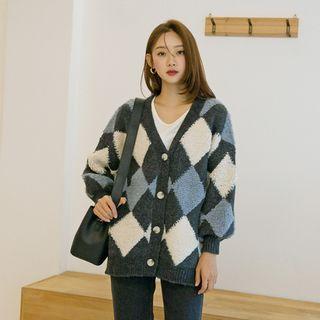 Balloon-sleeve Argyle Boucl -knit Cardigan