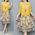 Set: 3/4-sleeve Cutout Top + Floral Print Midi Skirt