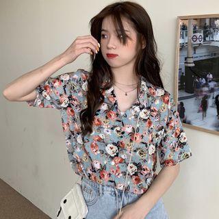 Short-sleeve Flower Print Shirt Floral - Blue - One Size