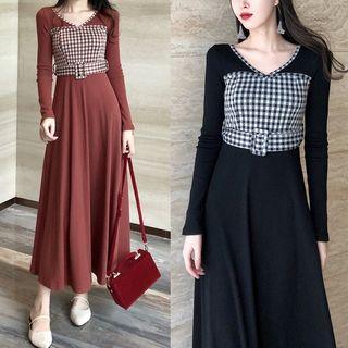 Mock Two-piece Long-sleeve Midi A-line Knit Dress